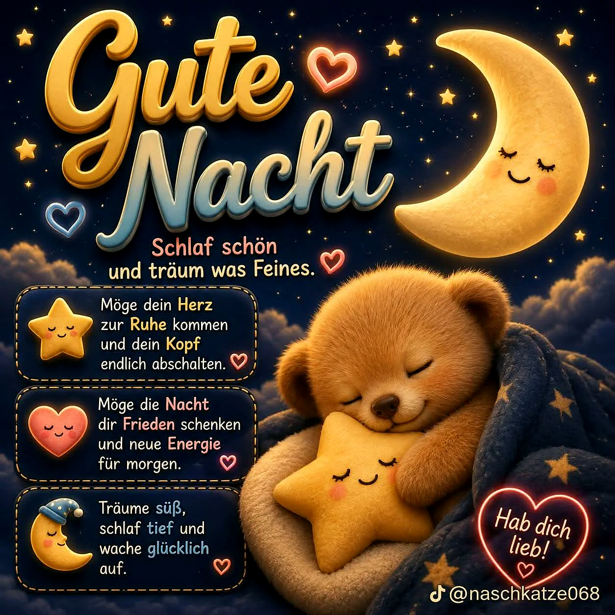 Ein knuffiger Teddybär schläft selig unter einer blau-weißen Sternendecke, einen kleinen gelben Stern im Arm. Der freundliche Halbmond und funkelnde Sterne erhellen den Nachthimmel. Ein warmherziger Gute Nacht Gruß für süße Träume.