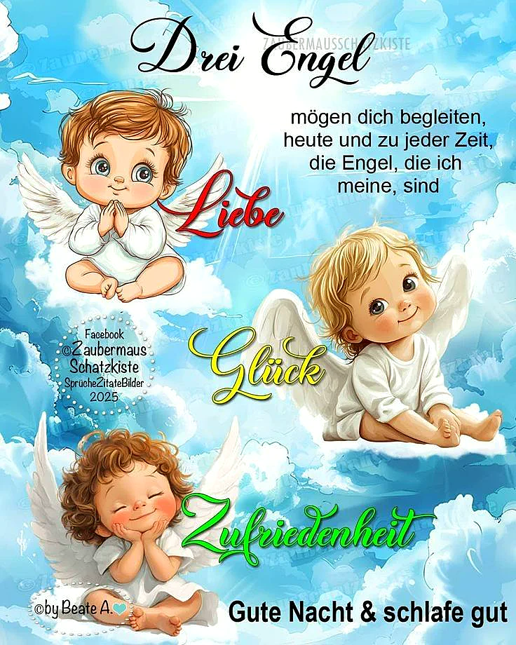 Drei niedliche Engel sitzen auf hellblauen Wolken. Einer betet, einer lächelt, einer träumt. Texte wie Liebe, Glück und Zufriedenheit schweben um sie herum. Das Bild wünscht eine gute Nacht mit schützenden Gefühlen.