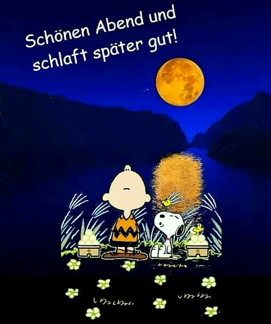Charlie Brown und Snoopy sitzen nebeneinander an einem ruhigen Seeufer unter einem großen, leuchtend orangefarbenen Vollmond, dessen Schein sich im dunklen Wasser spiegelt. Eine friedliche Gute-Nacht-Stimmung herrscht, mit zarten Pflanzen am Ufer und Bergen im Hintergrund.