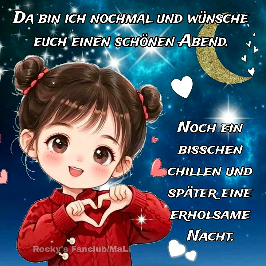 Ein Cartoon-Mädchen mit braunen Haaren und rotem Pullover macht eine Herzform mit den Händen vor einem sternenklaren Abendhimmel mit Mond und Herzen.