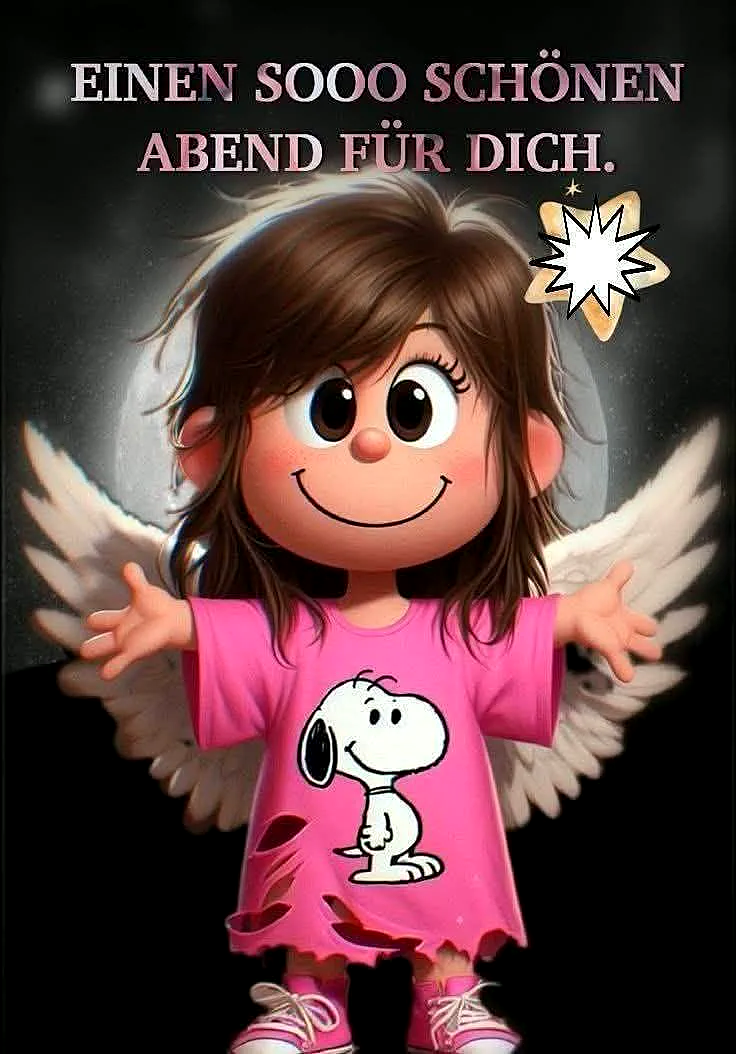 Ein bezauberndes Cartoon-Mädchen mit Engelsflügeln und einem rosafarbenen T-Shirt, das Snoopy zeigt, übermittelt liebevolle Gute-Nacht-Wünsche vor einem stimmungsvollen dunklen Hintergrund mit Mondlicht und einem leuchtenden Stern.