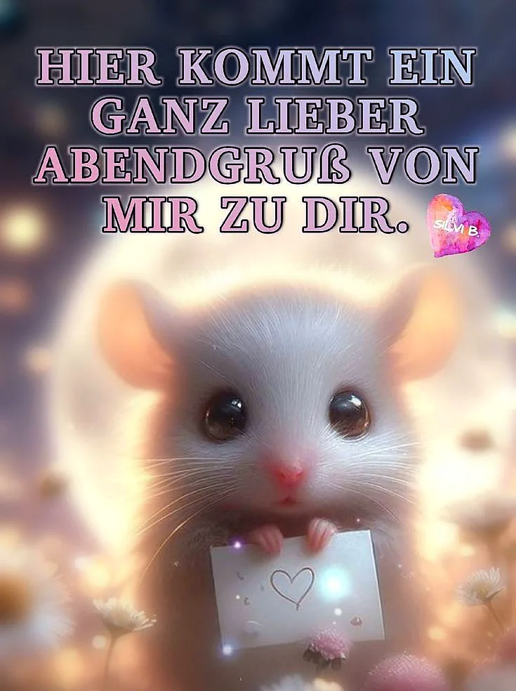 Ein weißes Hamstermaus mit großen Augen hält ein Kärtchen mit einem Herz in den Pfoten. Im Hintergrund sind Blumen und ein Mond zu sehen.