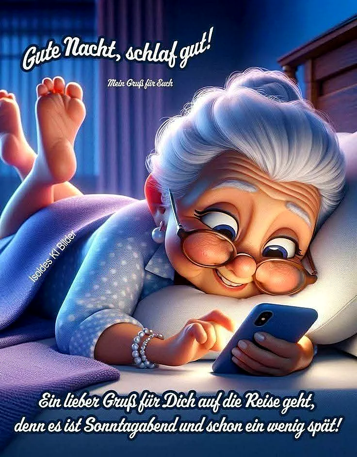 Eine freundliche, ältere Dame mit Brille und grauen Haaren liegt gemütlich im Bett, schmunzelt und tippt auf ihrem Smartphone. Ihre Füße lugen unter einer violetten Decke hervor. Eine entspannte, liebevolle Gute-Nacht-Stimmung herrscht vor.