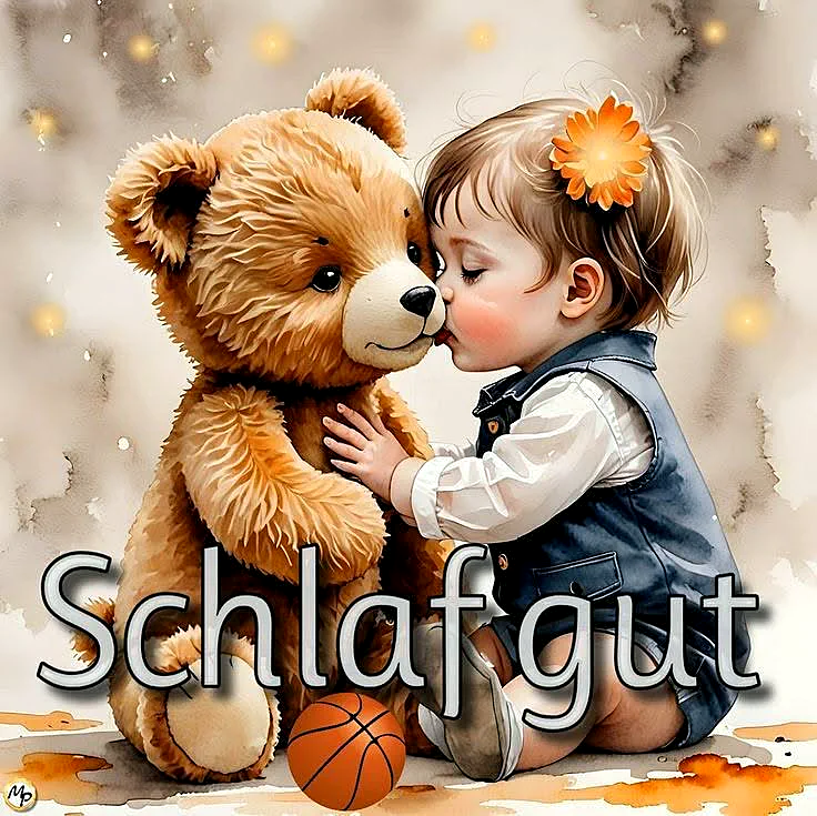 Ein Kleinkind mit orangefarbener Blüte im Haar küsst liebevoll einen flauschigen Teddybär. Im Vordergrund liegt ein kleiner Basketball. Die Szene strahlt Ruhe und Zärtlichkeit aus, ideal für Gute-Nacht-Wünsche.