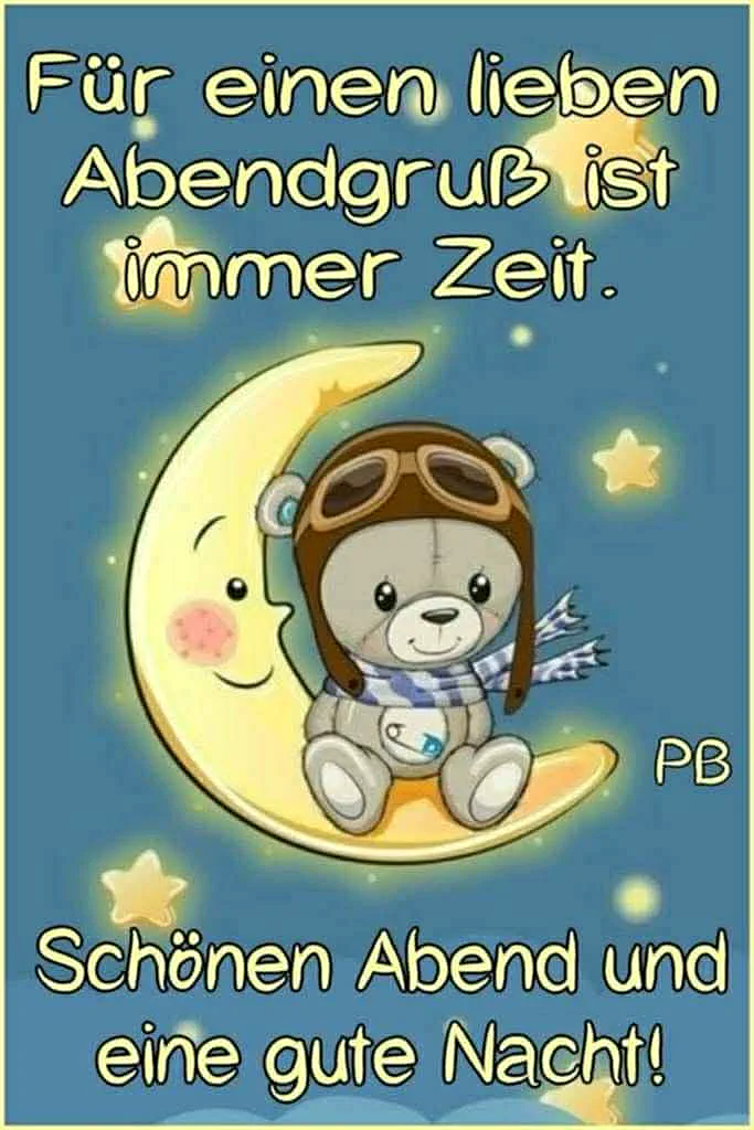 Ein Cartoon-Teddy mit einer Flugkappe sitzt auf einem gelben Mond, umgeben von Sternen, vor einem blauen Abendhimmel.