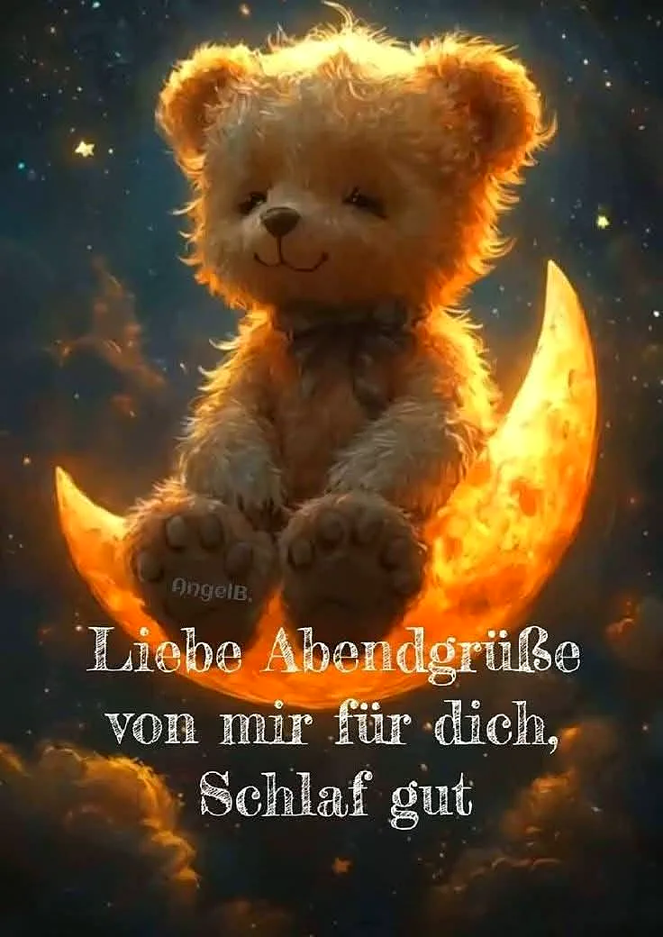 Ein Teddybär sitzt auf einem hell leuchtenden Mond vor einem sternenklaren Nachthimmel. Der Bär hat ein friedliches Gesicht und einen kleinen schwarzen Nasen. Der Mond ist orange und hat eine weiche, cremige Textur.
