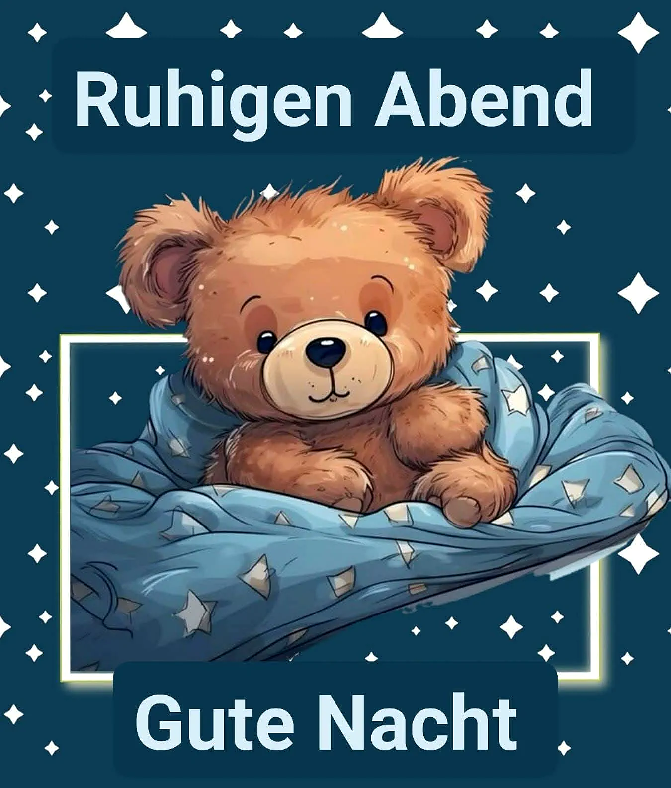 Ein cartoonartiger Teddybär liegt auf einer blauen Decke mit weißen Sternen, umgeben von einem goldenen Rahmen. Der Hintergrund ist dunkelblau mit weißen Sternen.