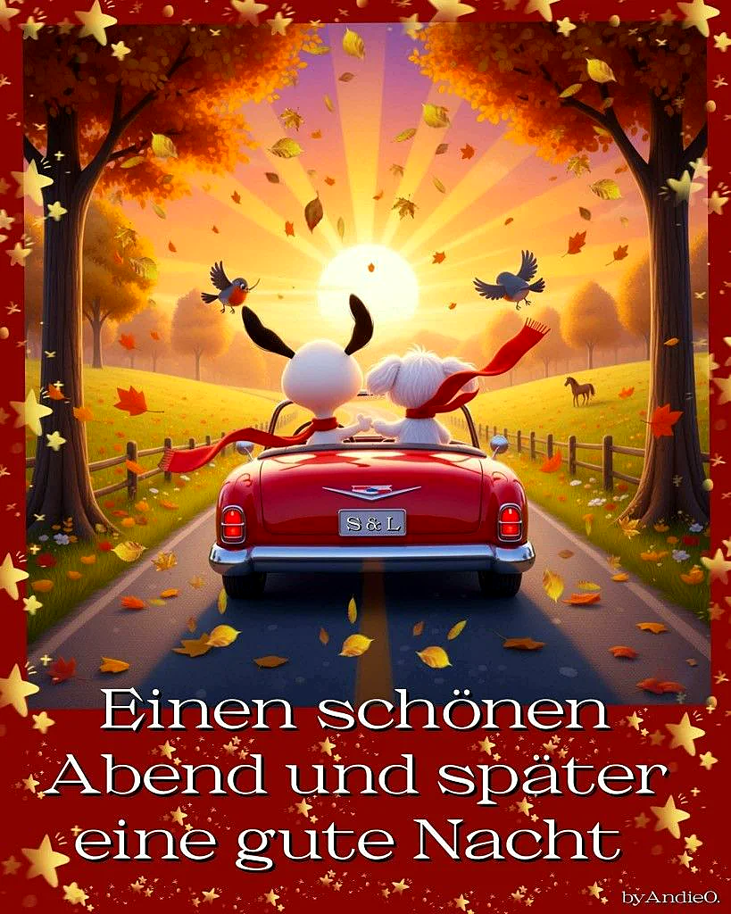 Ein süßer Hund und ein kleiner Vogel im roten Cabrio fahren einer herbstlichen Sonnenuntergangslandschaft entgegen. Fallende goldene Blätter und warme Farben schaffen eine gemütliche Abendstimmung, umrahmt von funkelnden Sternen für eine gute Nacht.