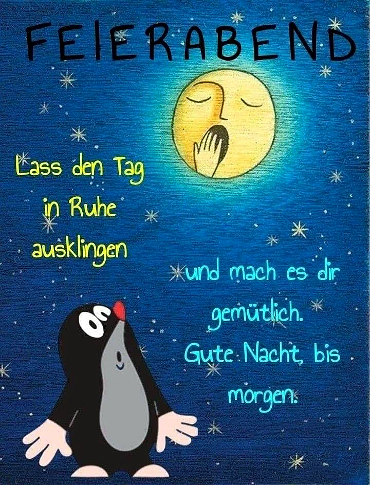 Ein Cartoon-Bild mit einem Maulwurf und einem gelben Mond vor einem blauen Nachthimmel mit Sternen. Der Mond gähnt und der Maulwurf steht unten.