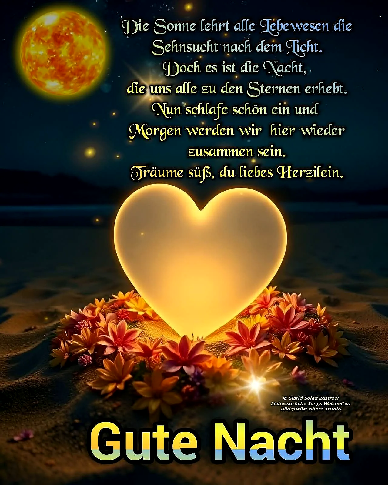 Leuchtendes Herz auf Sand, umgeben von warmen Blüten, unter einem dunklen Nachthimmel. Eine glühende Sonne und funkelnde Sterne erhellen die Szene. Ein emotionales Gute-Nacht-Bild voller Wärme und Hoffnung.