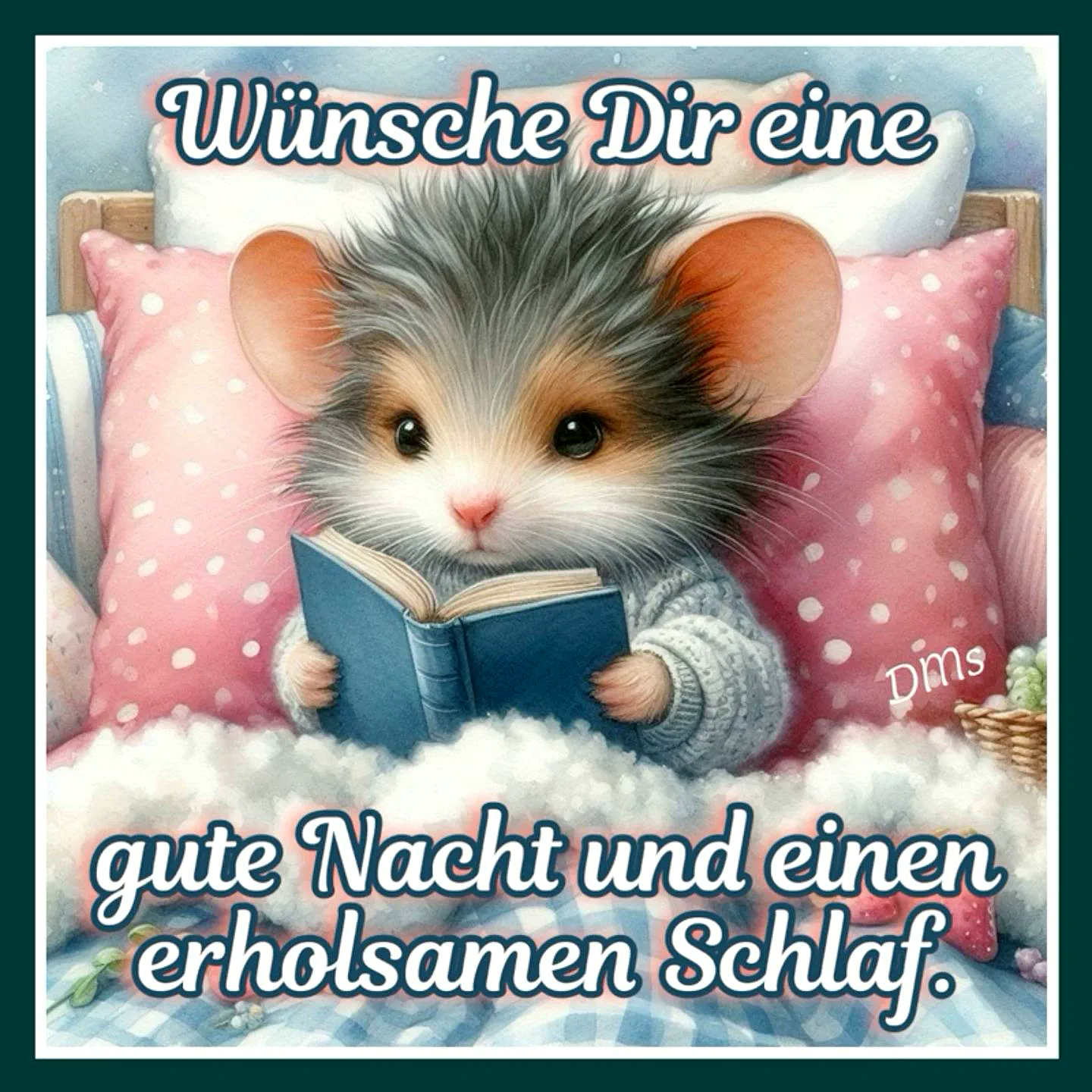 Ein entzückendes, flauschiges Mäuschen liest gemütlich ein Buch im Bett, umgeben von weichen Kissen und einer warmen Decke. Es strahlt eine friedliche und geborgene Gute-Nacht-Stimmung aus, perfekt für süße Träume.