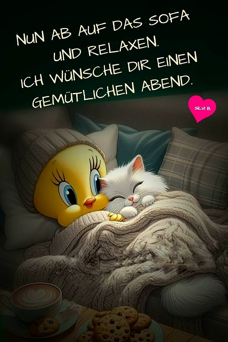 In einem gemütlichen Ambiente liegen der gelbe Cartoon-Vogel Tweety und ein kleines weißes Kätzchen eng unter einer beigen Strickdecke. Sie wirken entspannt und schlafen Seite an Seite. Daneben stehen eine Tasse Kaffee und Kekse. Eine süße Abendstimmung.
