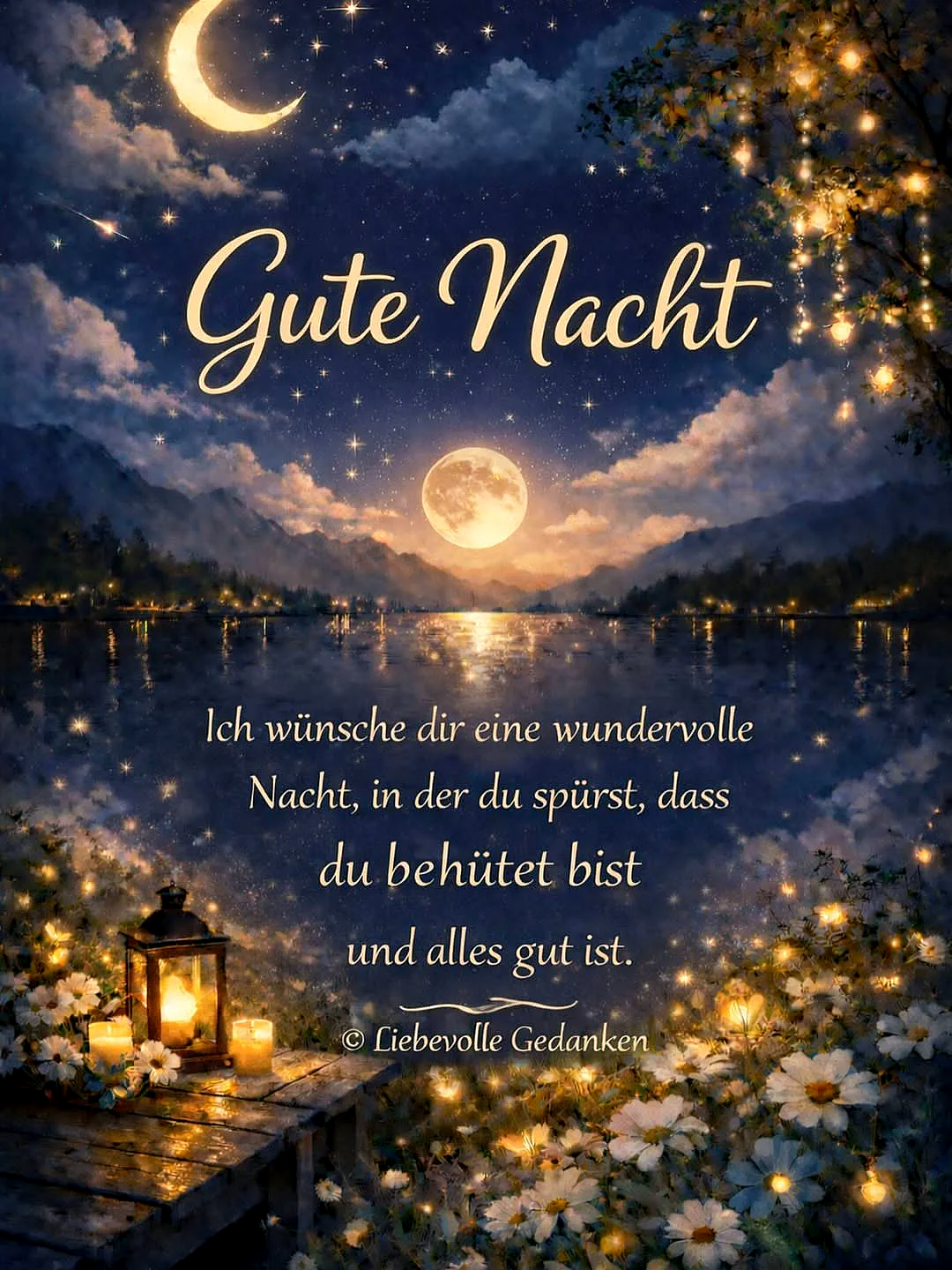 Ein romantisches Gute-Nacht-Bild mit einem funkelnden Sternenhimmel, einem vollen Mond über einem ruhigen See und Bergen. Im Vordergrund steht eine Laterne mit Kerzenlicht auf einem Holzsteg, umgeben von leuchtenden Blumen und Lichterketten an einem Baum, die eine warme und geborgene Stimmung erzeugen.