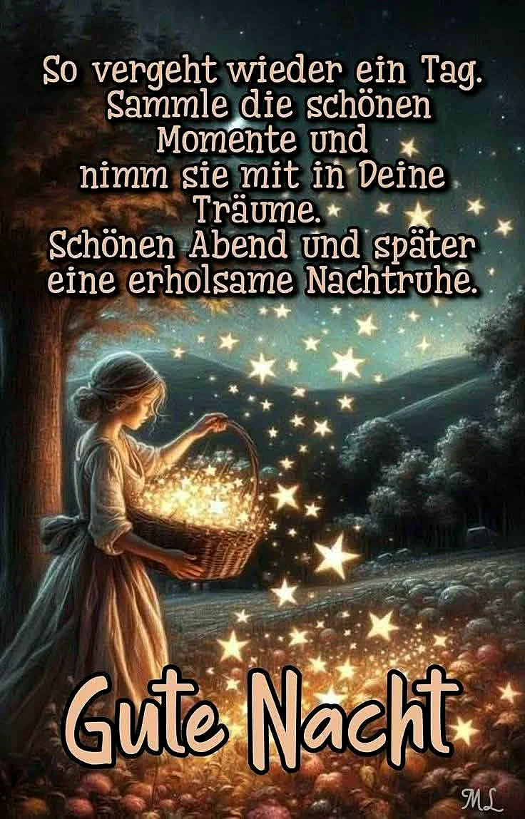 Eine junge Frau in einem wallenden Kleid sammelt leuchtende Sterne in einem Korb in einem magischen, sternenklaren Wald. Der Nachthimmel funkelt mit unzähligen Lichtern, was eine friedliche und verträumte Atmosphäre schafft.