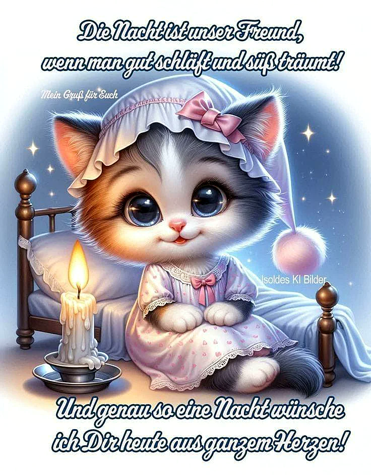 Ein flauschiges Kätzchen mit großen Augen und Schlafmütze sitzt süß lächelnd neben einem Bett. Eine brennende Kerze sorgt für eine gemütliche Nachtstimmung. Das Bild vermittelt friedliche Ruhe und wünscht süße Träume.