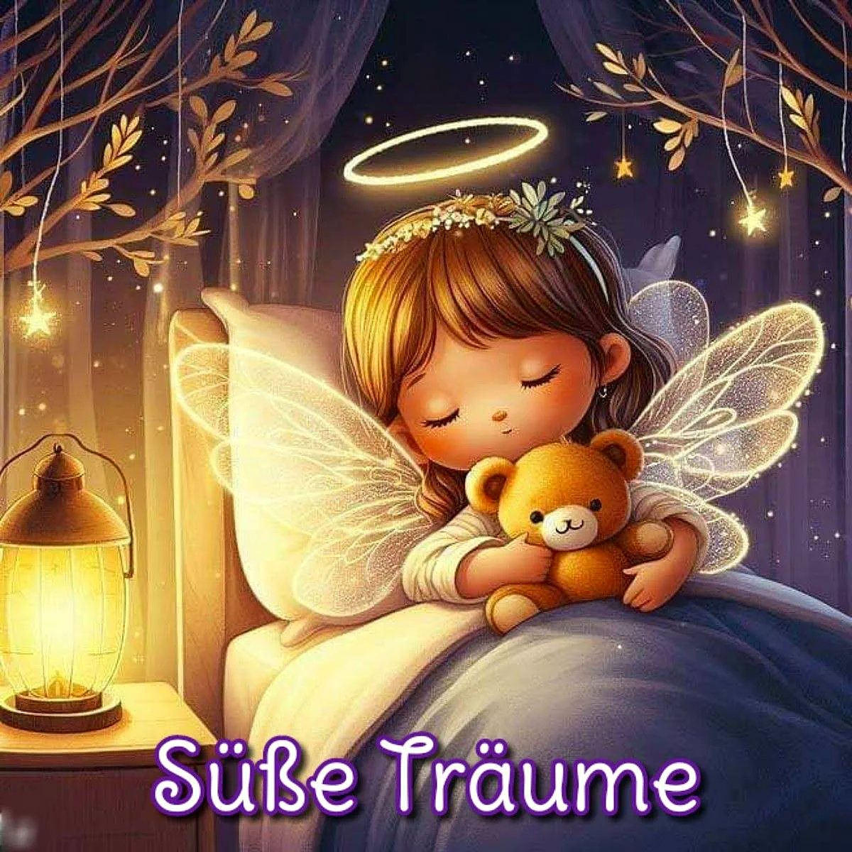 Ein niedliches Engelchen mit glitzernden Flügeln und Heiligenschein schläft friedlich im Bett, einen Teddybär fest im Arm. Funkelnde Lichter und eine leuchtende Laterne schaffen eine magische Gute-Nacht-Stimmung. Text: Süße Träume.
