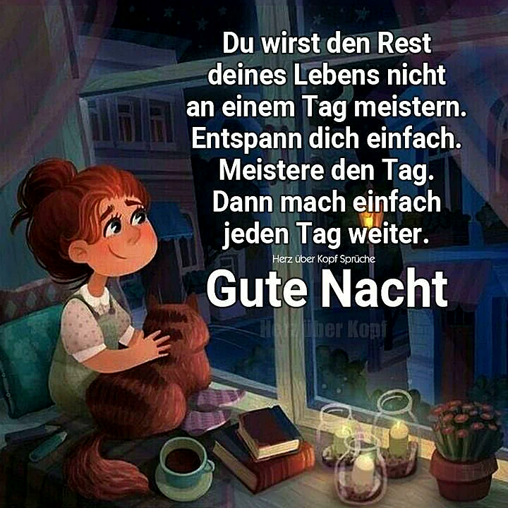 Ein rothaariges Cartoon-Mädchen sitzt am Fenster, umarmt ein pelziges Tier. Kerzen, Bücher und eine Tasse schaffen nachts eine warme, gemütliche Atmosphäre. Der Blick nach draußen zeigt Sternenhimmel. Friedliche Gute-Nacht-Stimmung.