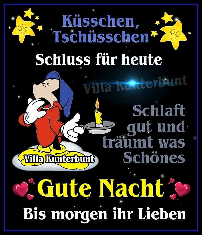 Ein Cartoon-Charakter mit rotem Schlafanzug und blauer Zipfelmütze gähnt müde, hält eine brennende Kerze. Goldene Sterne und Herzen funkeln auf dem dunklen Nachthimmel, der einen zärtlichen Gute-Nacht-Gruß überbringt.