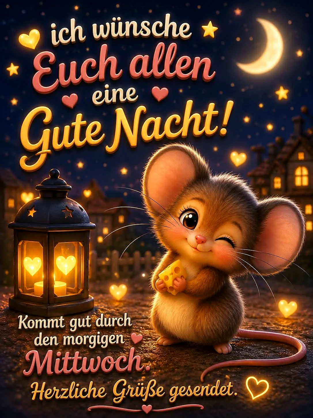 Ein bezauberndes Gute Nacht Bild zeigt eine lächelnde Comic-Maus mit Käse, umgeben von leuchtenden Herzlaternen und Sternen, unter einem funkelnden Nachthimmel mit Mond. Eine herzliche Botschaft für süße Träume.