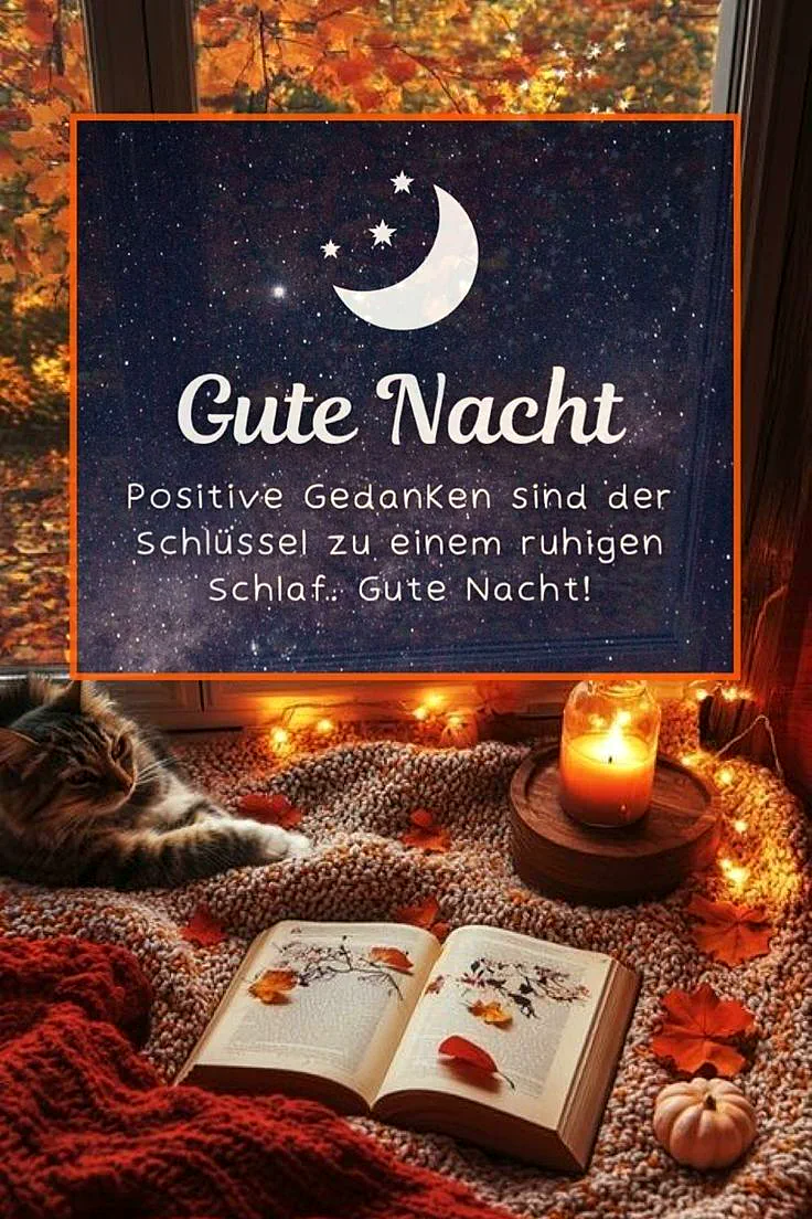 Kuscheliges Gute-Nacht-Bild: Entspannte Katze auf einer Strickdecke mit offenem Buch, brennender Kerze und Lichterkette. Herbstlaub und ein Sternenhimmel mit Mond umrahmen den Spruch über positive Gedanken für ruhigen Schlaf.