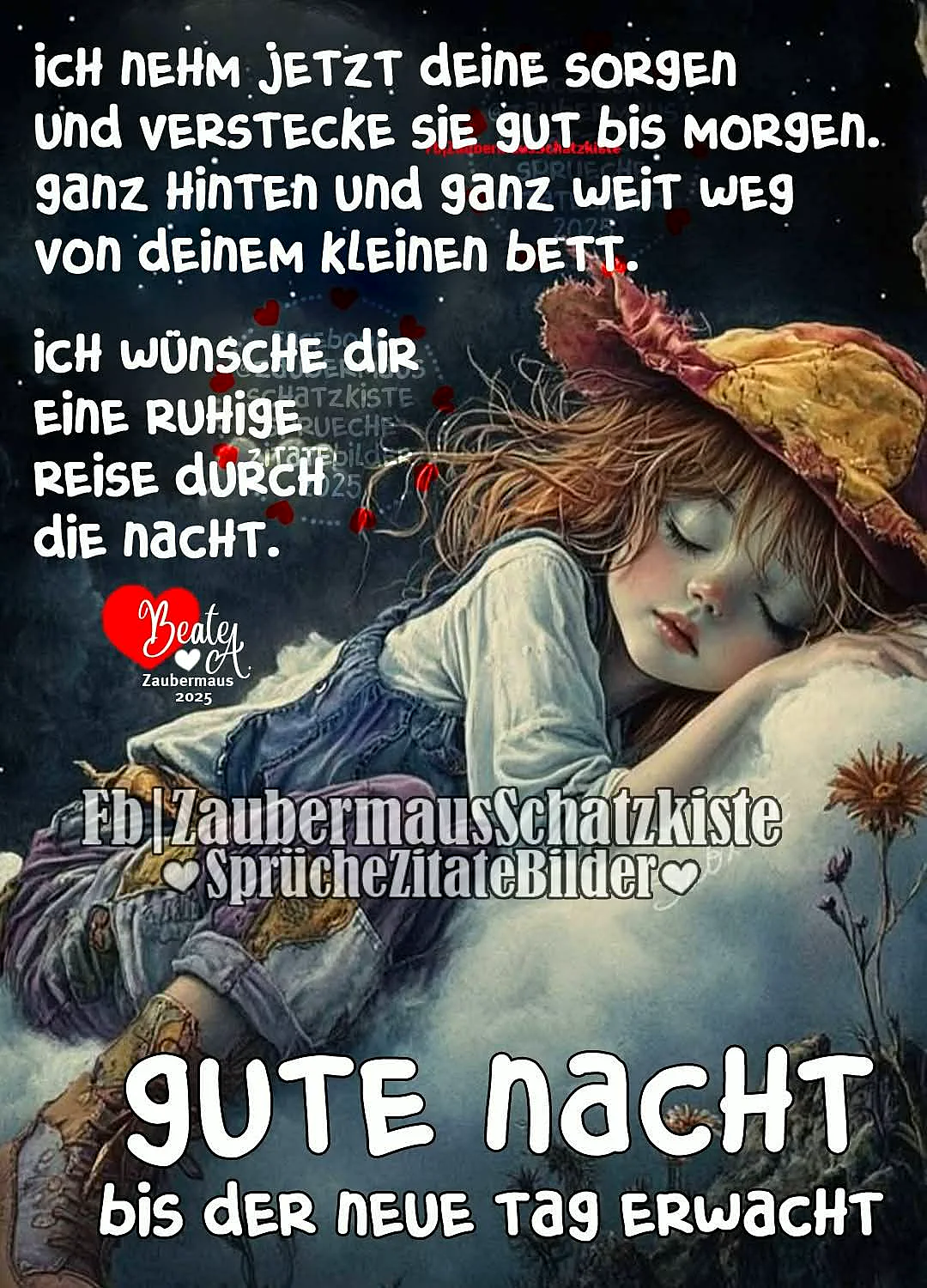 Ein friedlich schlafendes Mädchen mit roten Haaren und Hut liegt auf sanften Wolken unter einem funkelnden Sternenhimmel. Zarte Blumen und kleine Herzen umrahmen die Szene, verströmend eine zutiefst beruhigende und liebevolle Gute-Nacht-Atmosphäre.