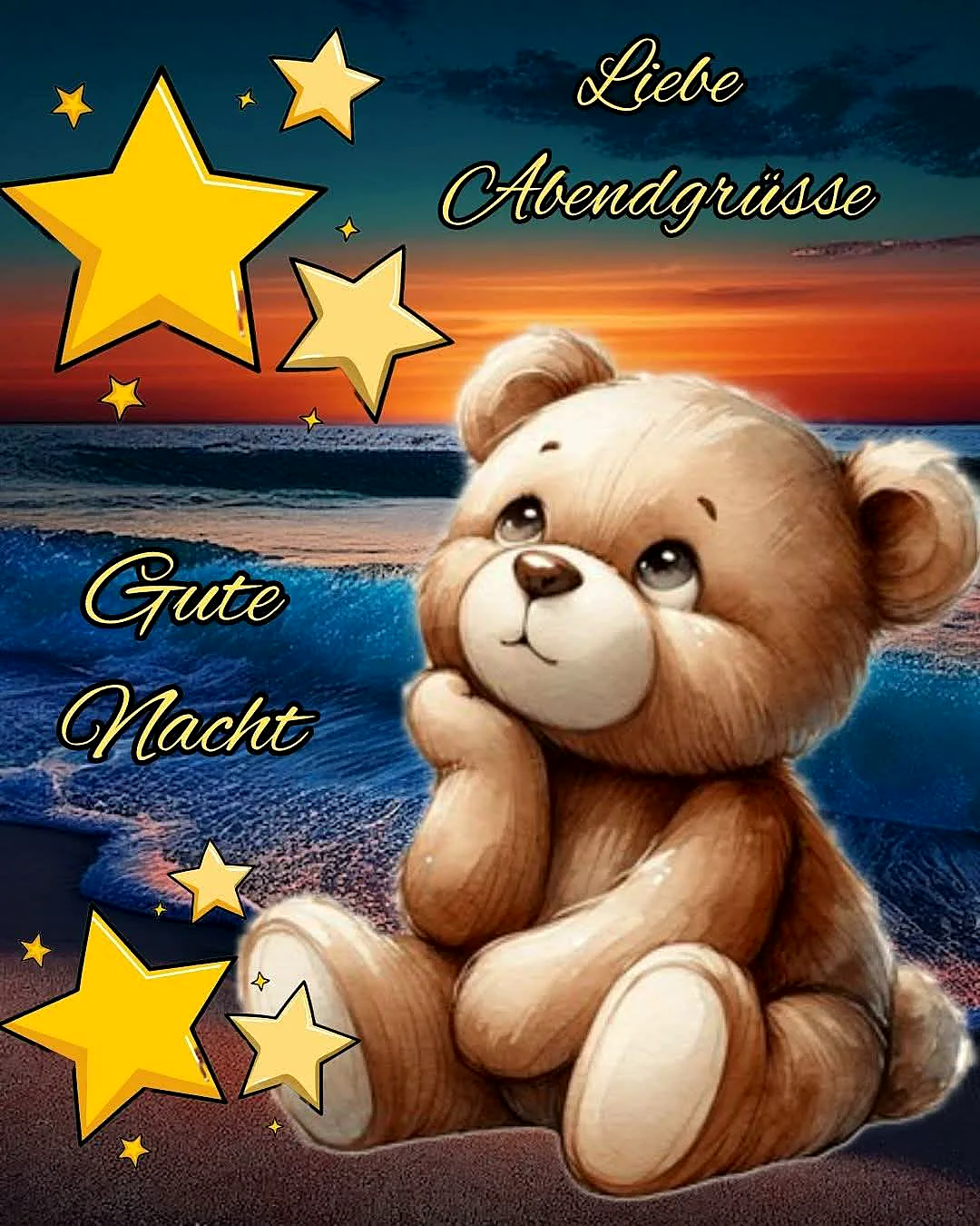 Ein süßer Teddybär sitzt am Strand während eines Sonnenuntergangs, umgeben von gelben Sternen und den Worten 'Liebe Abendgrüße' und 'Gute Nacht'.