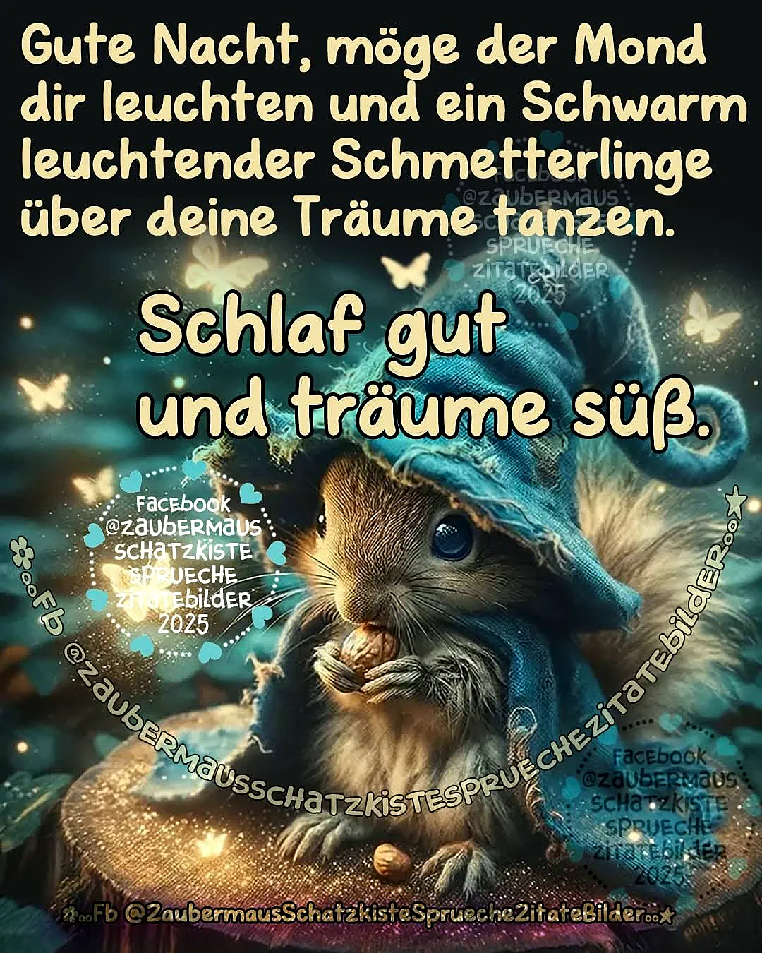 Ein niedliches Eichhörnchen mit einem blauen Zauberhut hält eine Nuss, umgeben von golden glitzerndem Licht und schwebenden, leuchtenden Schmetterlingen. Die magische Szene vermittelt eine friedliche und traumhafte Gute-Nacht-Stimmung.