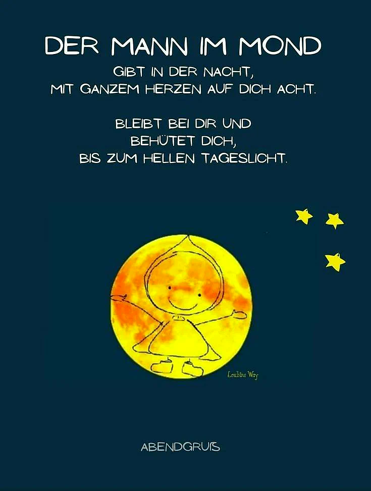 Ein dunkelblauer Hintergrund mit einem gelben Mond, auf dem ein lächelndes Gesicht mit ausgebreiteten Armen gezeichnet ist. Drei gelbe Sterne befinden sich rechts neben dem Mond.