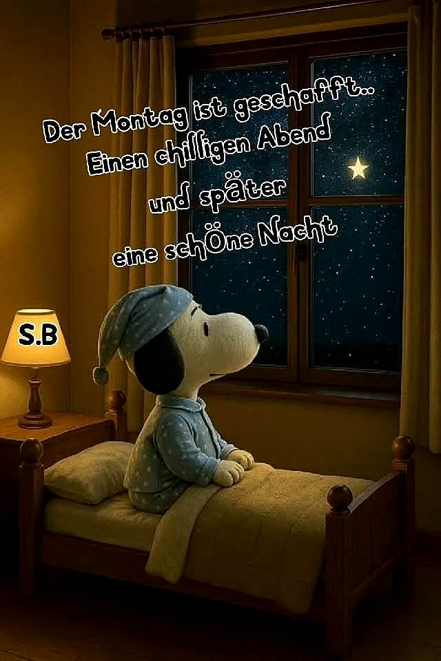 Ein Cartoonhund in einem Bett, der aus dem Fenster auf den Sternenhimmel schaut, neben ihm ein Nachtlicht
