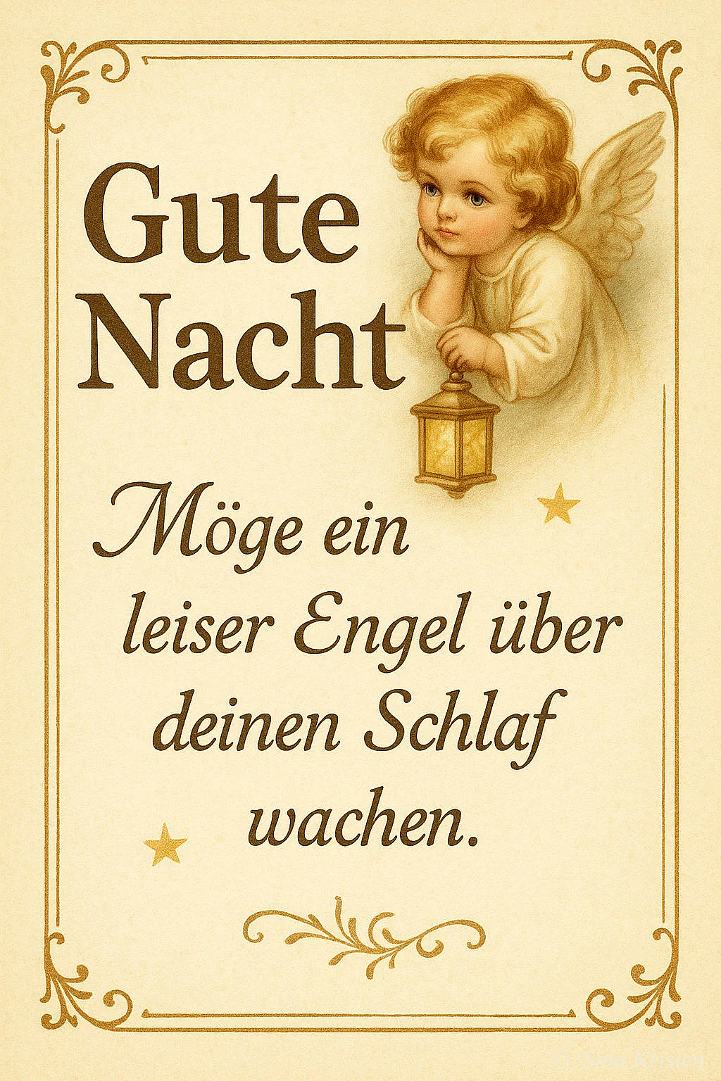 Ein Engel mit Flügeln und einer Laterne, umgeben von goldenen Sternen und einem goldenen Rahmen auf beigeem Hintergrund.