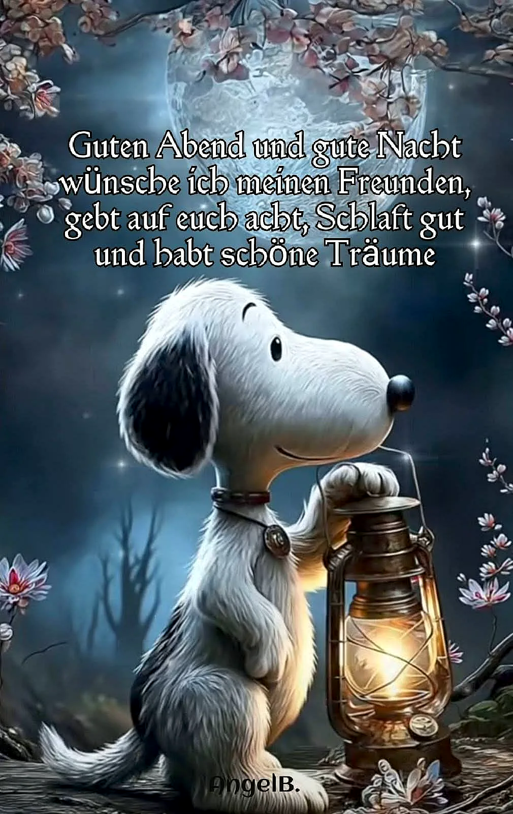 Ein niedlicher, Snoopy-ähnlicher Hund sitzt nachts in einem Wald, eine leuchtende Laterne haltend. Ein großer Vollmond und zarte Blütenzweige schaffen eine ruhige, geborgene Gute-Nacht-Stimmung für liebe Freunde.