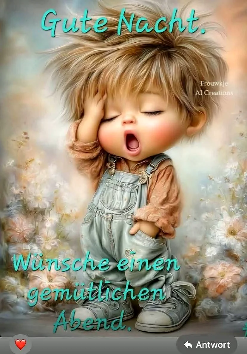 Ein Cartoon eines kleinen Kindes mit blonden Haaren und Overalls, das sich die Augen zuhält und gähnt, umgeben von Blumen.