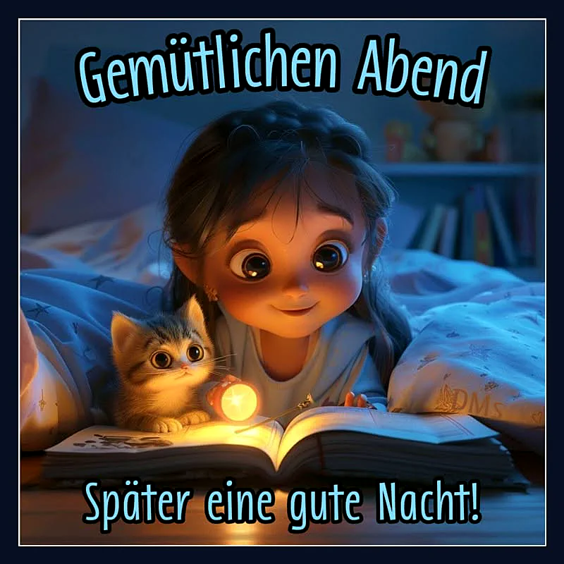 Ein bezauberndes animiertes Mädchen und ein kleines, flauschiges Kätzchen sitzen gemütlich im Bett und schauen auf ein aufgeschlagenes Buch. Ein warmes Licht strahlt aus einer kleinen Lampe auf die Seiten, während eine friedliche und geborgene Stimmung den Raum erfüllt. Sie wünschen einen gemütlichen Abend und eine gute Nacht.