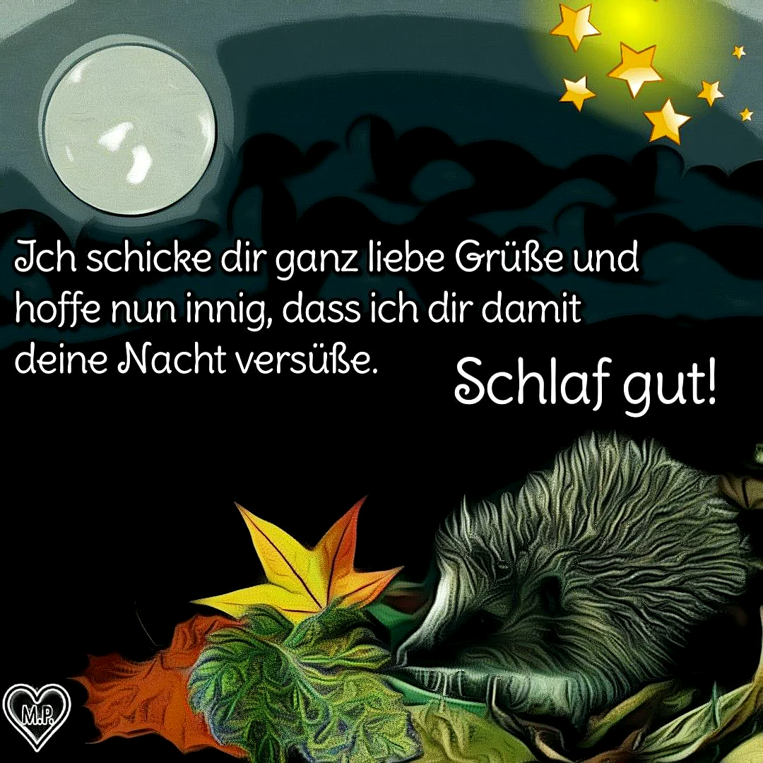 Ein friedlicher Igel liegt auf einem Haufen aus grünen Blättern, gelben und orangefarbenen Blättern im Herbstlaub. Im Hintergrund ist ein Vollmond und ein dunkler Himmel mit Sternen sichtbar.