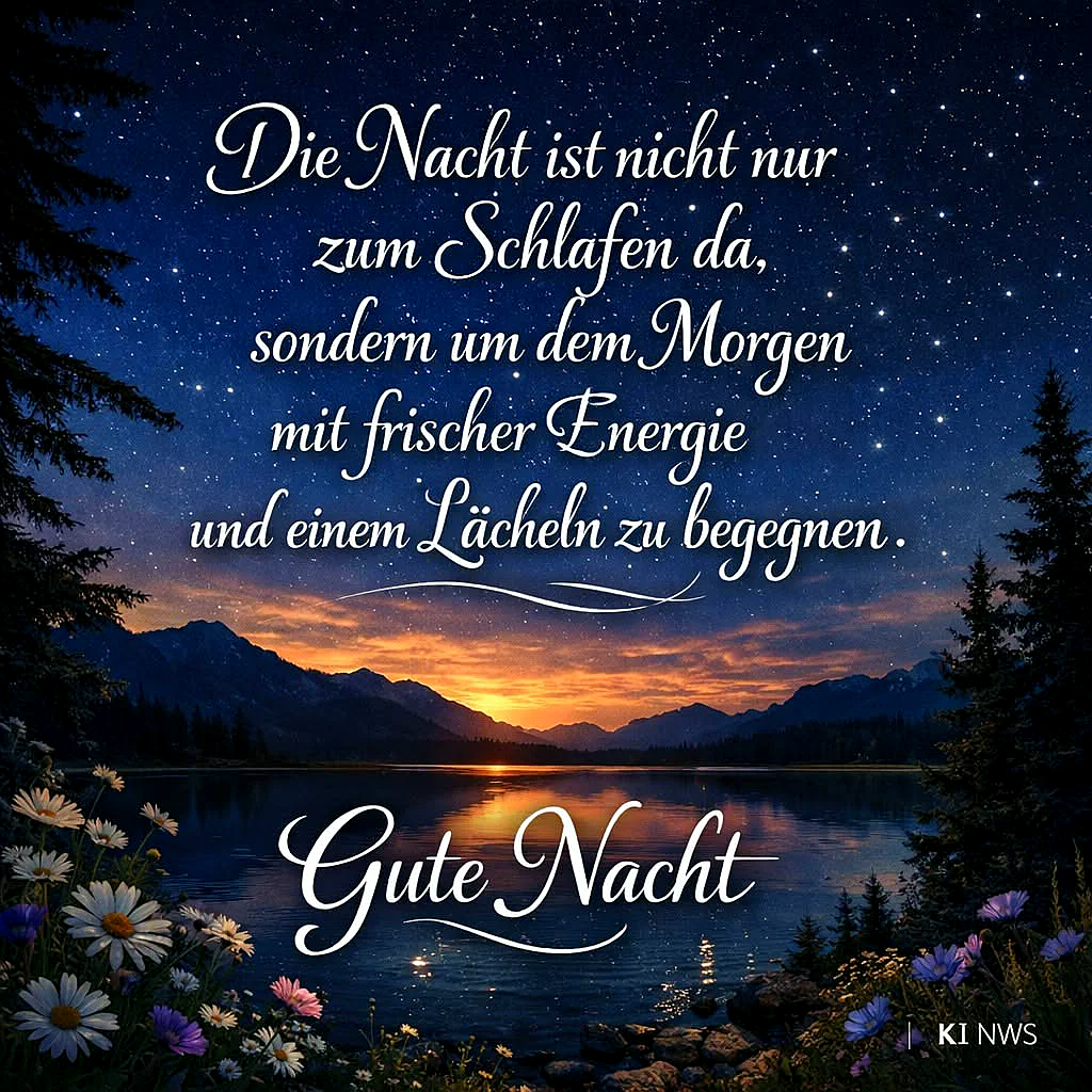 Ruhiger See unter sternenklarem Nachthimmel. Am Horizont farbenprächtiger Sonnenaufgang über Bergsilhouette. Im Vordergrund blühen Gänseblümchen und violette Blumen neben dunklen Tannen. Eine friedliche Atmosphäre, die auf einen Neuanfang einstimmt.