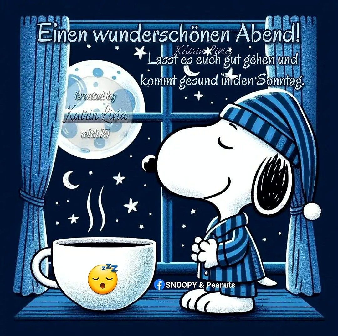 Niedlicher Snoopy in Pyjama und Schlafmütze blickt verträumt aus einem Fenster in die sternenklare Nacht mit Vollmond. Eine dampfende Tasse mit Schlaf-Emoji steht daneben. Ein gemütlicher und friedlicher Gute-Nacht-Gruß.