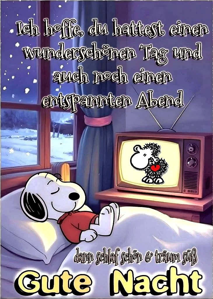 Cartoonbild von Snoopy im Bett, friedlich schlafend unter einer Decke. Neben ihm steht ein alter Fernseher, der ein wolliges Schaf mit einem roten Herz zeigt. Draußen fällt sanft Schnee. Eine gemütliche Gute-Nacht-Szene mit warmen Grüßen.