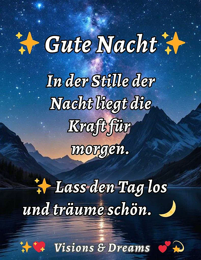 Ein friedliches Gute-Nacht-Bild mit einem funkelnden Sternenhimmel über dunklen Bergen. Die Lichter des Himmels spiegeln sich in einem ruhigen See. Goldene Sterne und eine kleine Mondsichel dekorieren den herzlichen Spruch zum Einschlafen.