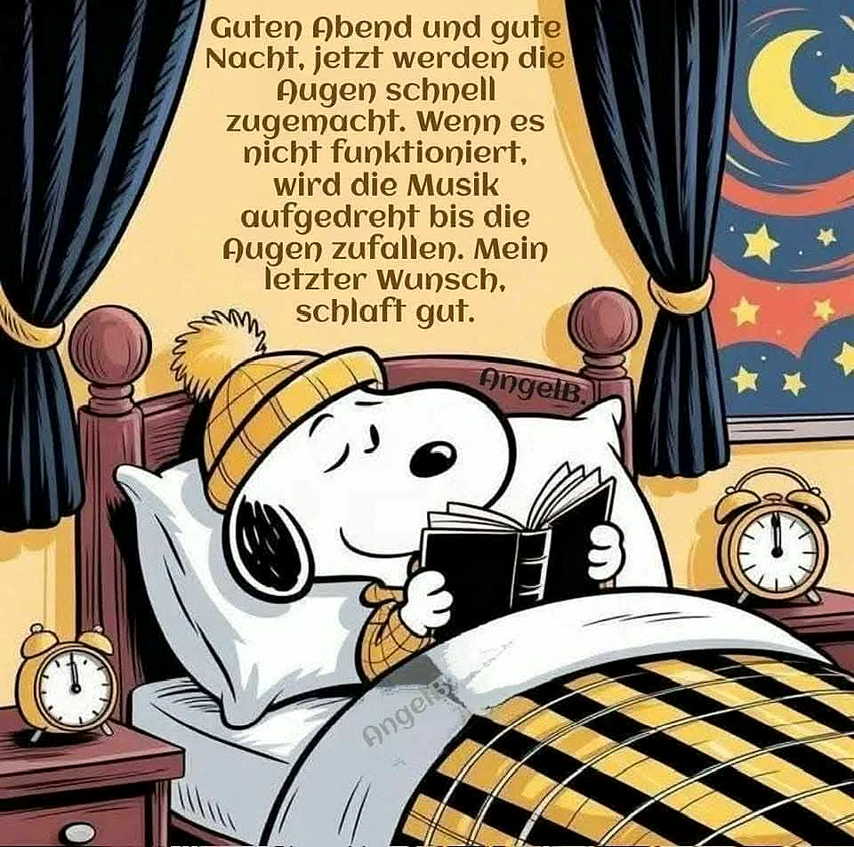 Snoopy im gemütlichen Bett, trägt eine Strickmütze und liest ein Buch unter karierter Decke. Zwei Wecker auf Nachttischen und ein sternenklarer Nachthimmel mit Mond verstärken die friedliche Gute-Nacht-Stimmung dieses Cartoon-Bildes.