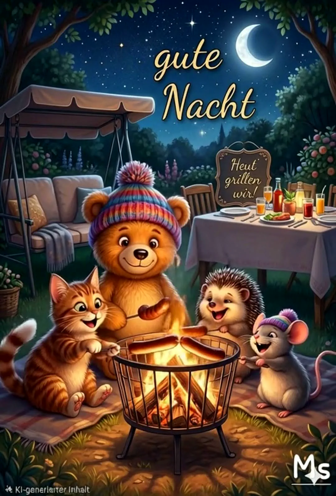 Ein entzückender Teddybär, eine Katze, ein Igel und eine Maus grillen fröhlich Würstchen an einem Lagerfeuer unter einem sternenklaren Nachthimmel mit Mond, während sie sich auf süße Träume freuen.