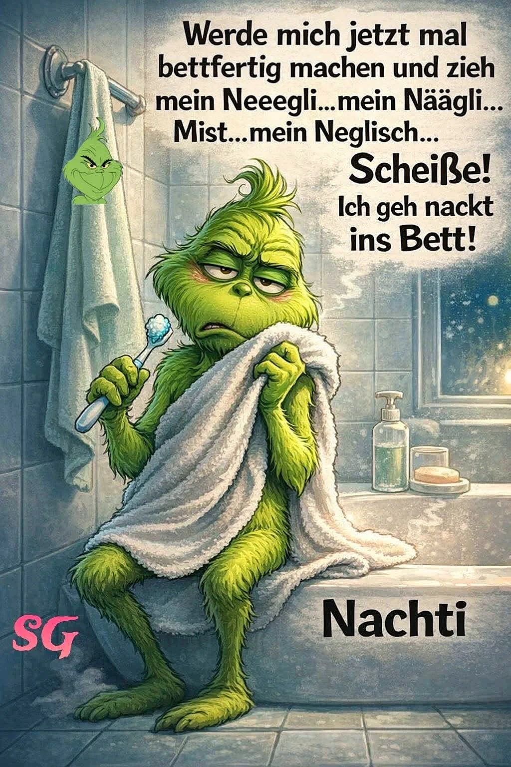 Ein grüner Grinch sitzt auf einem Badezimmerboden, hält eine Zahnbürste in der Hand und ist in ein Handtuch gewickelt. Im Hintergrund sind blaue Kacheln, ein Waschbecken mit Seife und ein Spiegel.