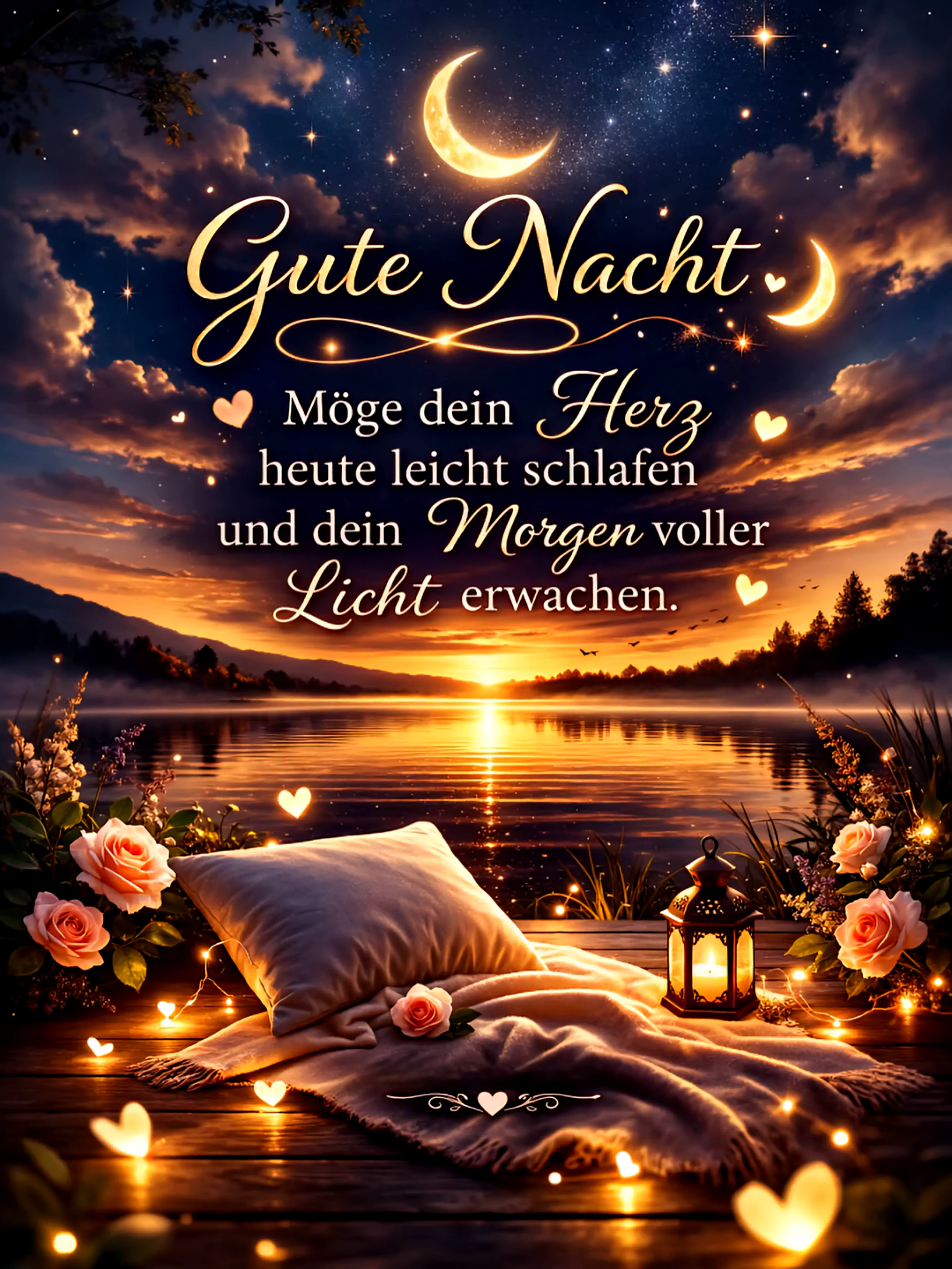 Ein romantischer Außenbereich mit einem Kissen, einer Decke, Rosen und einer Laterne am Ufer eines Sees während eines atemberaubenden Sonnenuntergangs mit Mond und Sternen am Himmel.