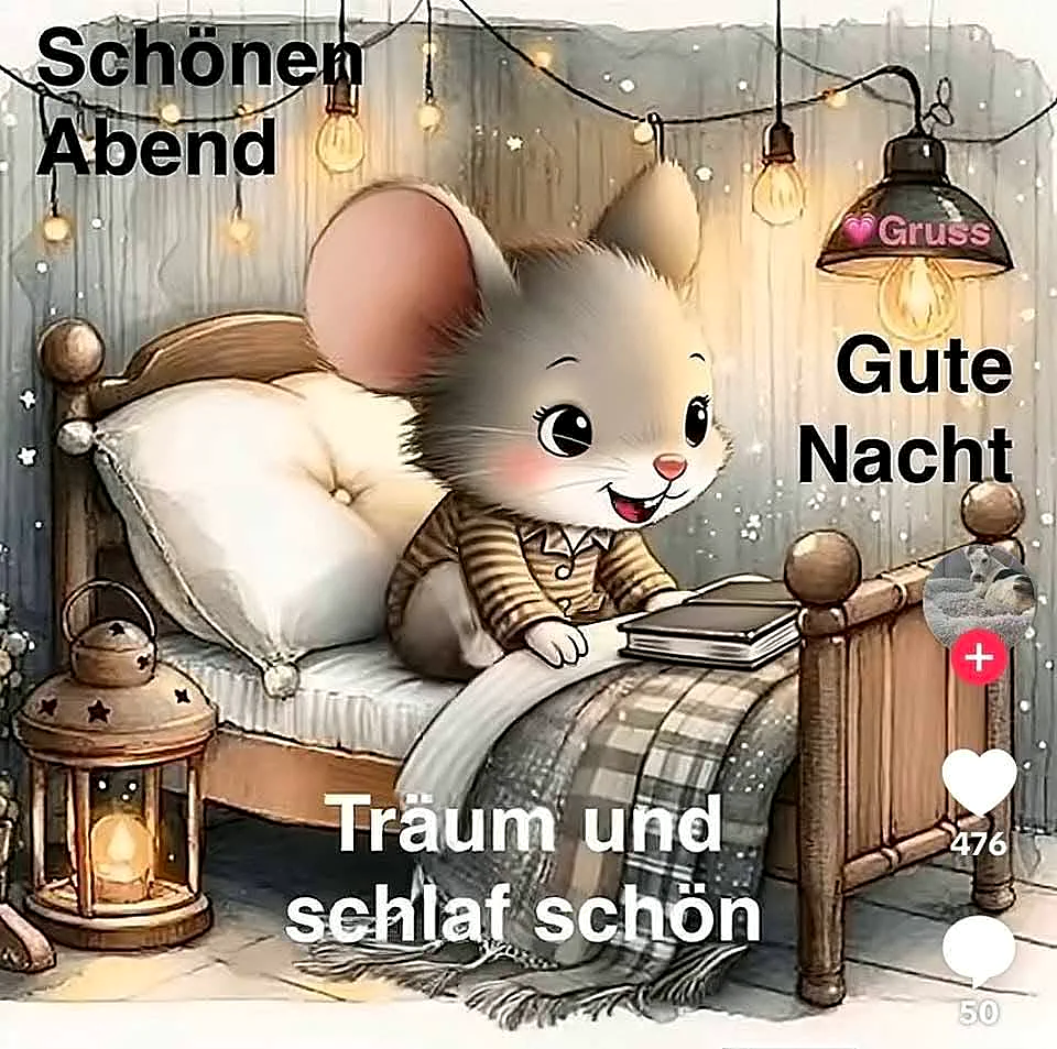 Ein lächelndes Mäuschen sitzt gemütlich im Bett, hält ein Buch, umgeben von warm leuchtenden Lichterketten und einer Laterne. Das Bild strahlt eine zarte, romantische Gute-Nacht-Stimmung aus und lädt zum Träumen ein.