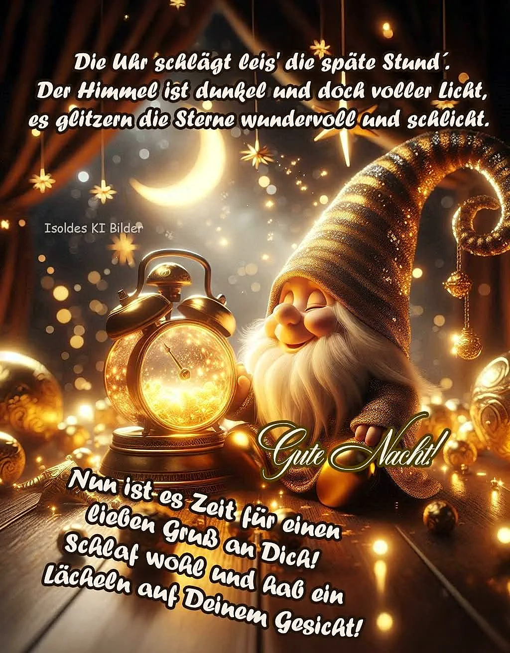 Ein goldener Gartenzwerg mit einer goldenen Uhr und goldenen Dekorationen im Hintergrund. Der Gartenzwerg trägt eine goldene Mütze und hat einen weißen Bart. Der Hintergrund ist dunkel mit goldenen Sternen und einem Vollmond.
