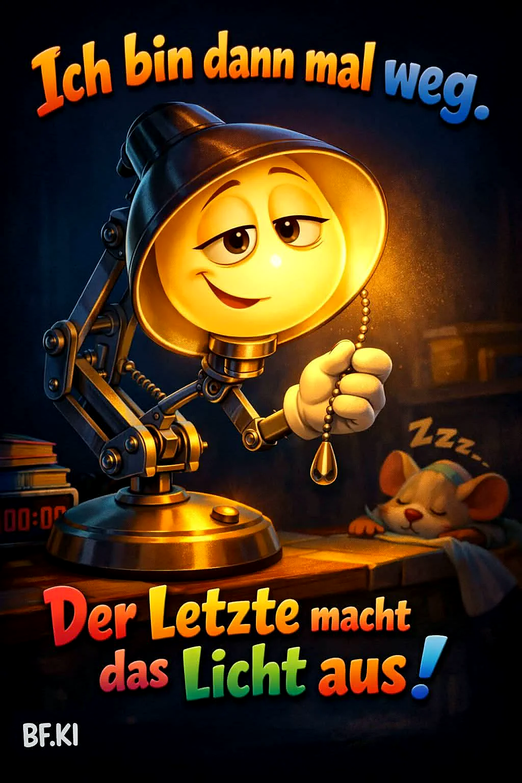 Ein Cartoon-Bild einer Lampe mit einem freundlichen Gesicht, die einen Schalter in der Hand hält. Neben der Lampe liegt ein schlafendes Mäuschen.