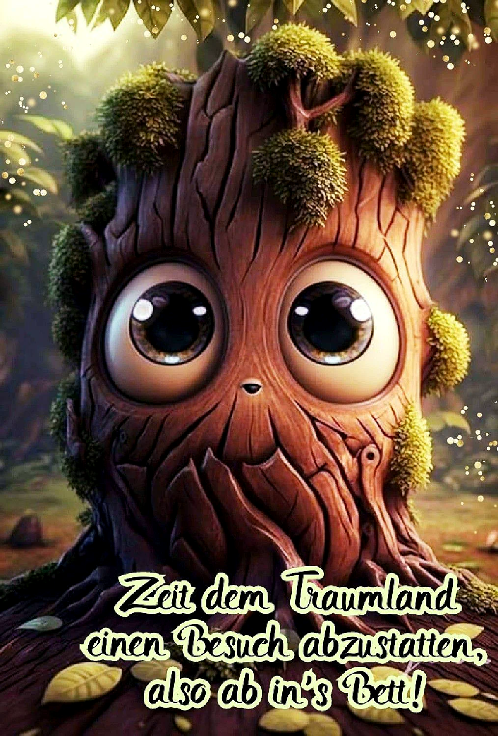 Ein Cartoon-Baum mit großen Augen und Moos auf seinem Kopf, im Hintergrund ein Wald mit Sonnenlicht