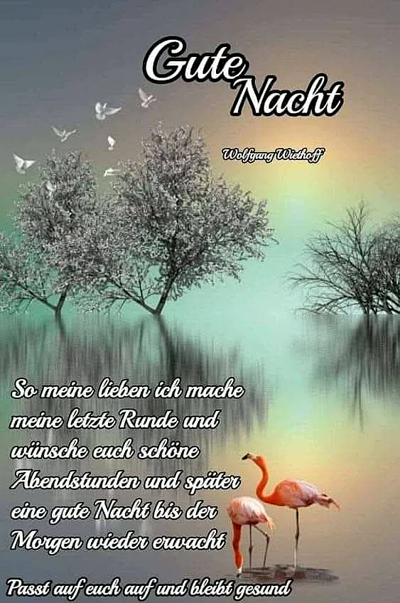 Ein Bild mit zwei Flamingos in einem ruhigen See, umgeben von Bäumen und Vögeln, unter einem farbenfrohen Himmel.