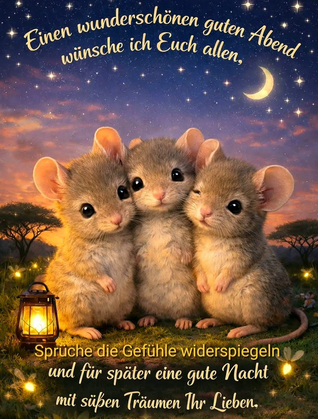 Drei süße Mäuse sitzen zusammen im Gras unter einem Sternenhimmel mit Mond, umgeben von Glühwürmern und einer Laterne.