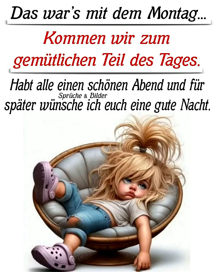 Ein müdes Mädchen mit blonden Haaren liegt in einer Hängematte, daneben ein Text, der einen schönen Abend und eine gute Nacht wünscht.