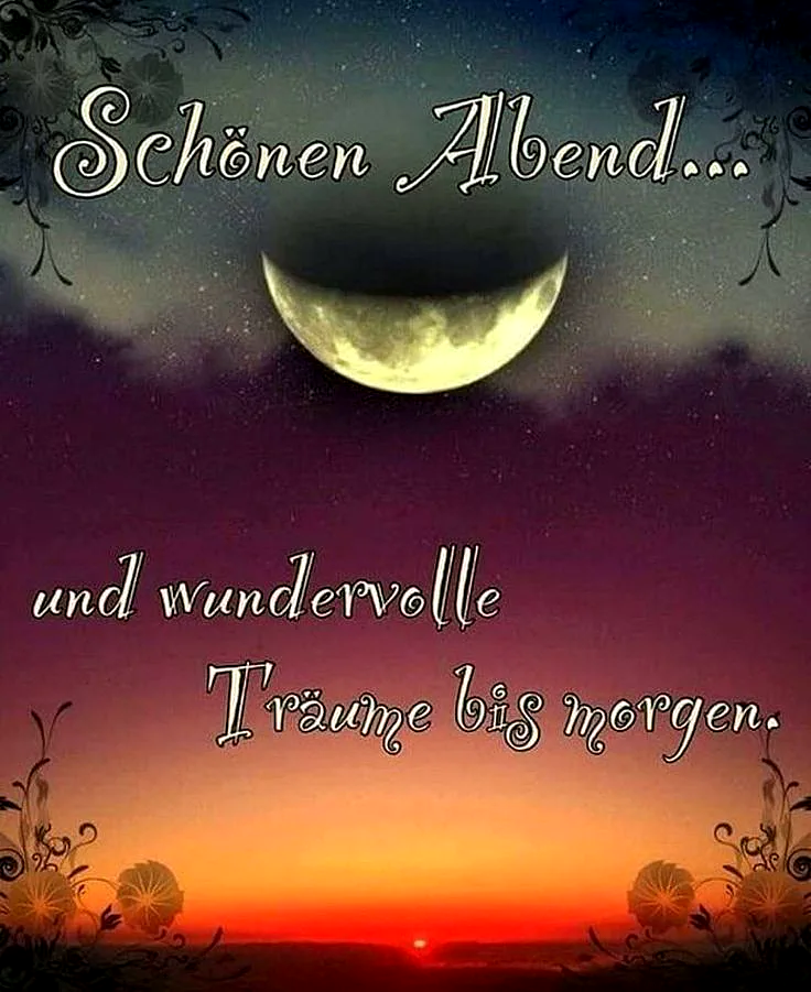 Ein Bild mit einem Mond am Himmel, einem Sonnenuntergang am Horizont und floralen Mustern am Rand. Der Text "Schönen Abend... und wundervolle Träume bis morgen" ist in der Mitte des Bildes.
